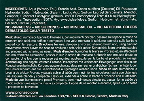 Proraso shaving bowl close-up shows dense creamy lather.