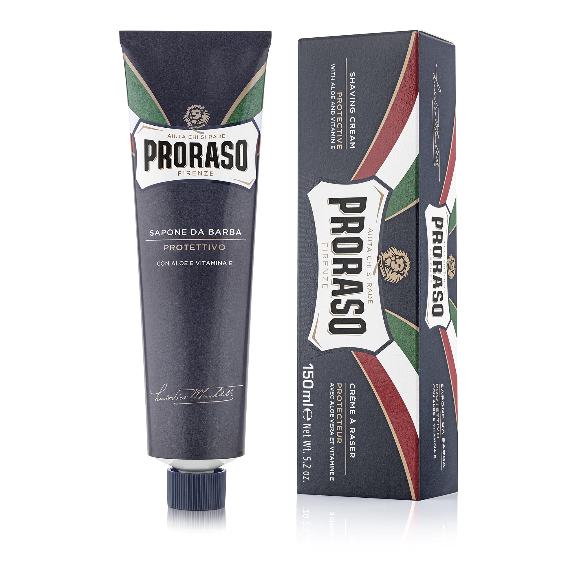 Proraso shaving cream aloe vera tube highlights hydrating formula for dry skin.