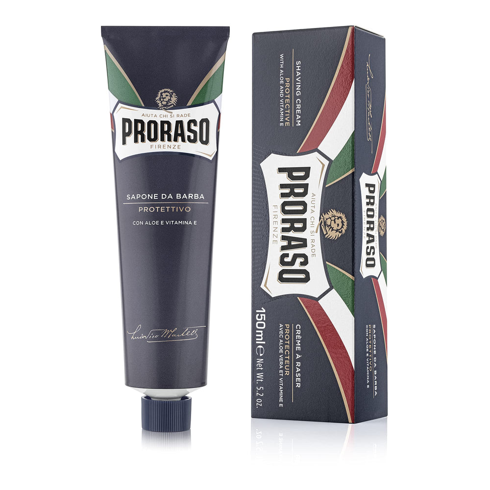 Proraso shaving cream aloe vera tube highlights hydrating formula for dry skin.