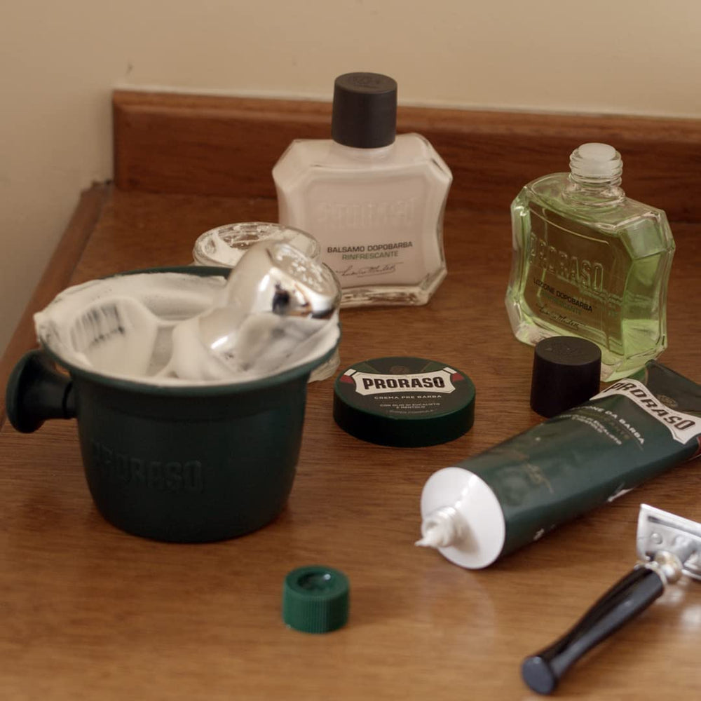 Eucalyptus-toned Proraso Shaving Cream cools and tones the skin during shaving.