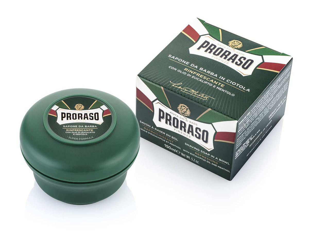 Proraso Shaving Soap Eucalyptus Menthol in a bowl for refreshing lather.