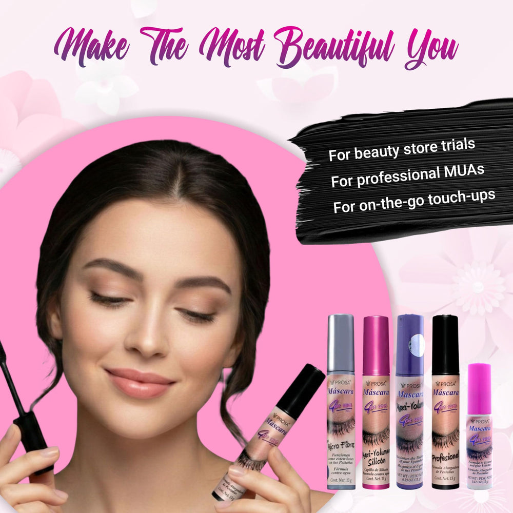 Prosa Mascara Profesional aplica con peine-cepillo preciso para distribución uniforme sin grumos.