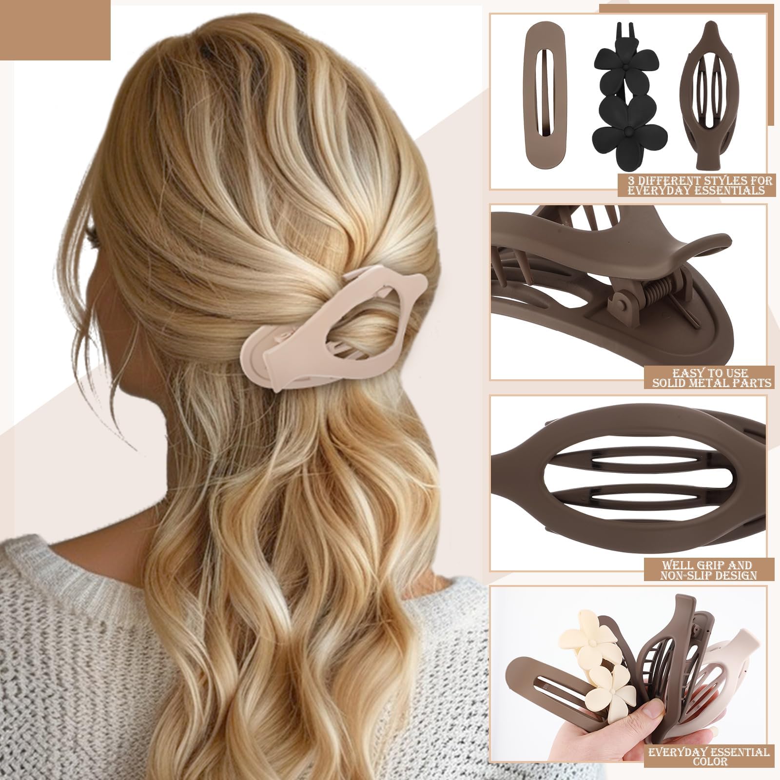 Prosuites flat claw clip demonstrating non-slip design on straight hair