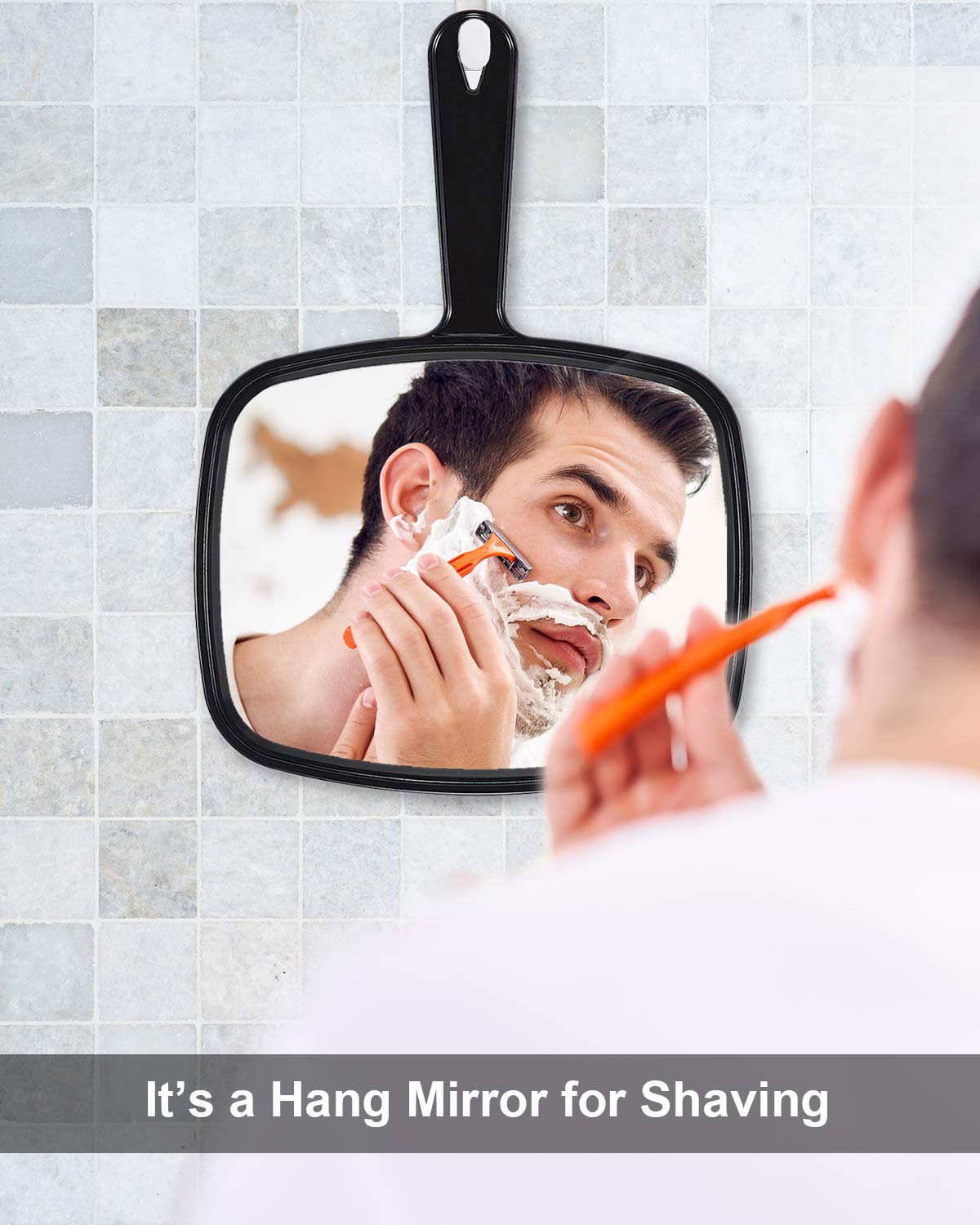 PROTECLE two-way mirror can hang or be handheld for versatile grooming