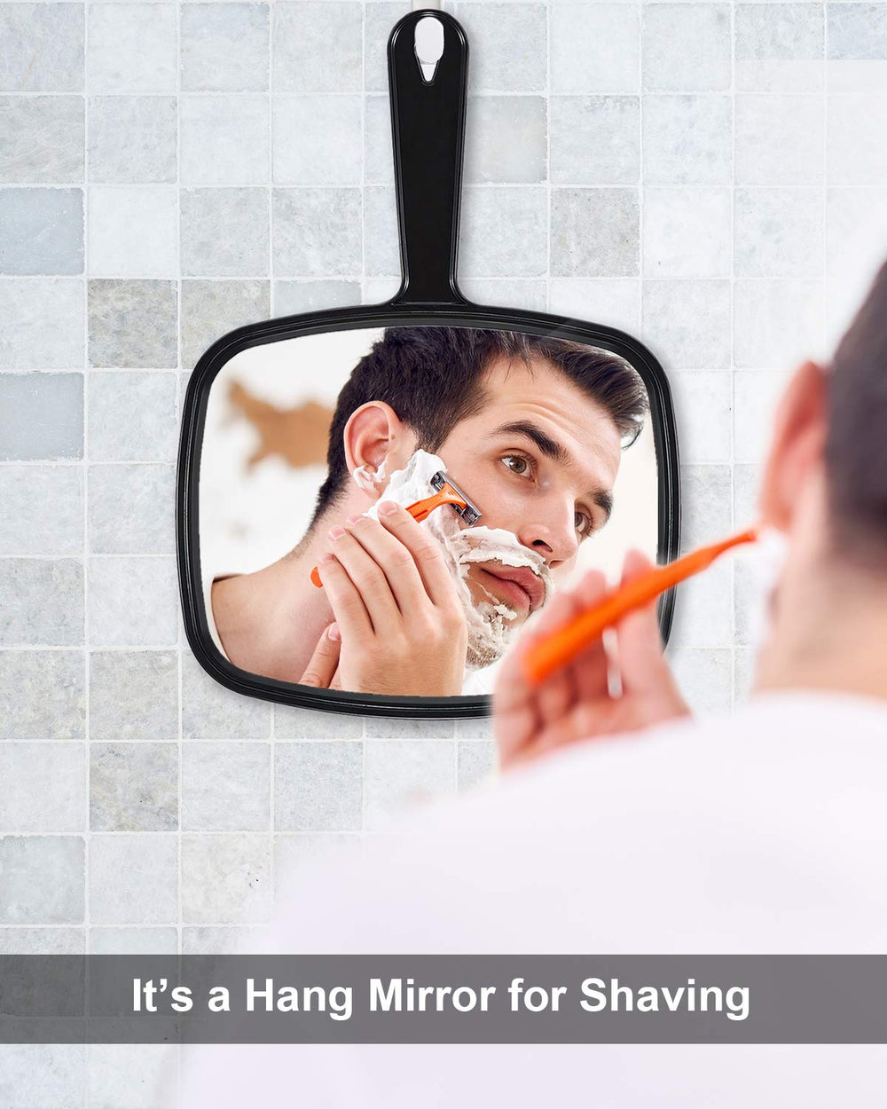 PROTECLE two-way mirror can hang or be handheld for versatile grooming