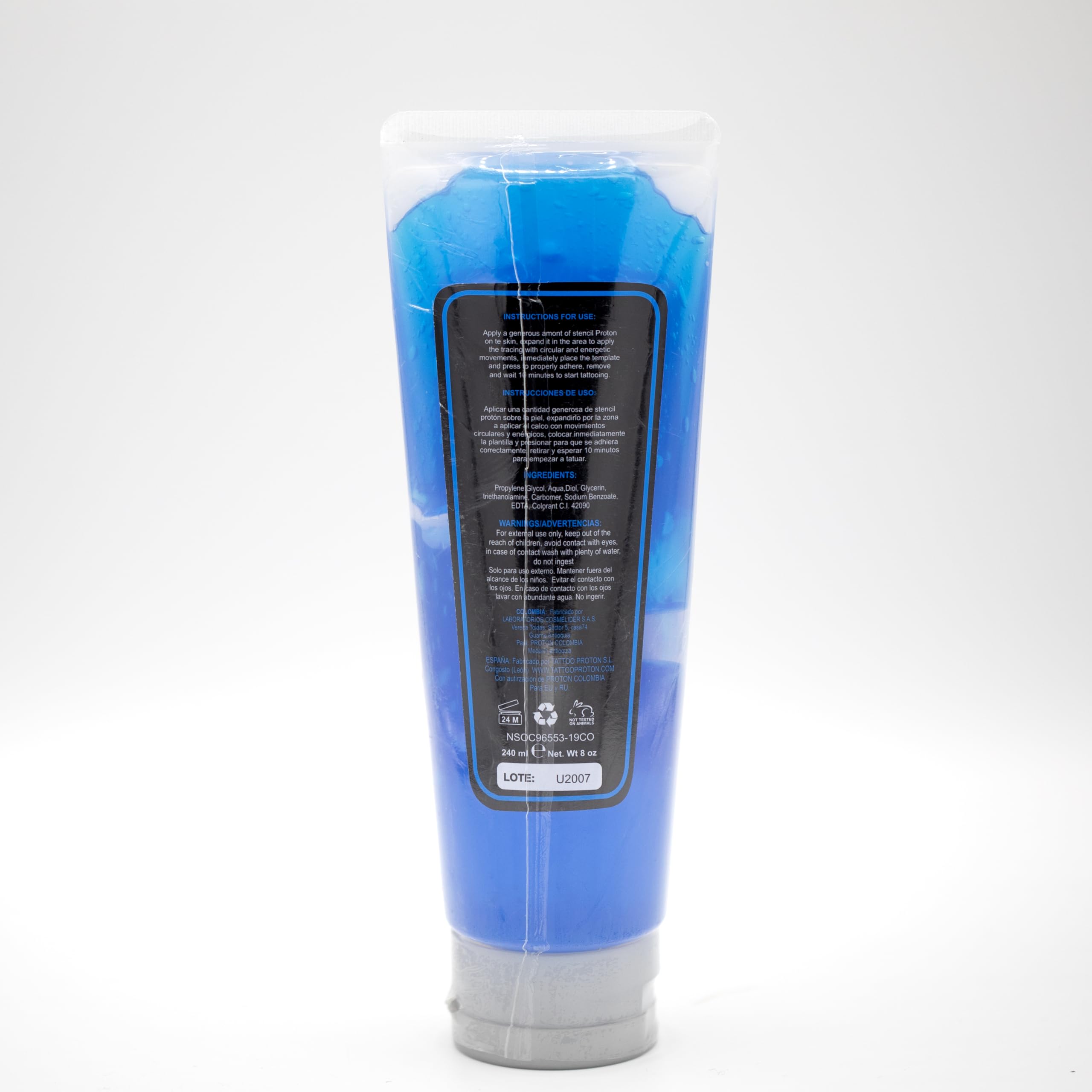 PROTON stencil primer blue gel spreads smoothly on skin for clean outlines.