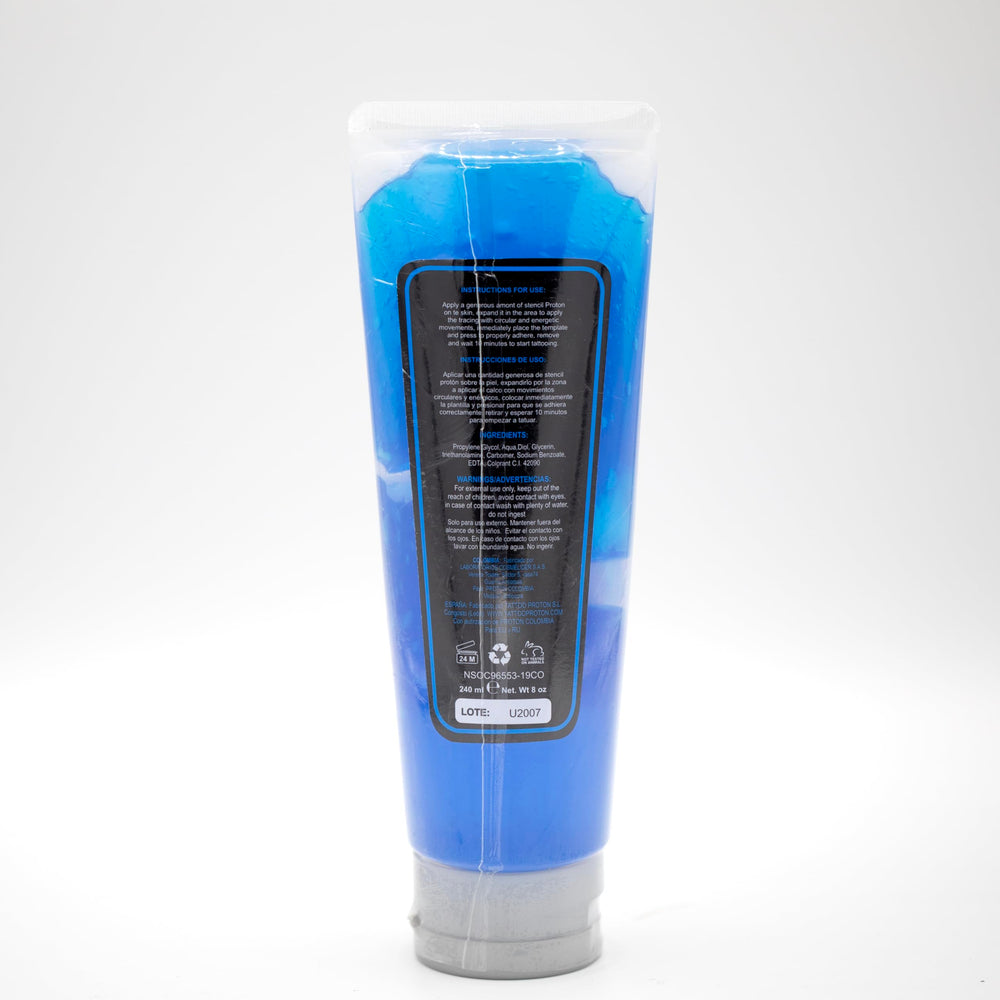 PROTON stencil primer blue gel spreads smoothly on skin for clean outlines.