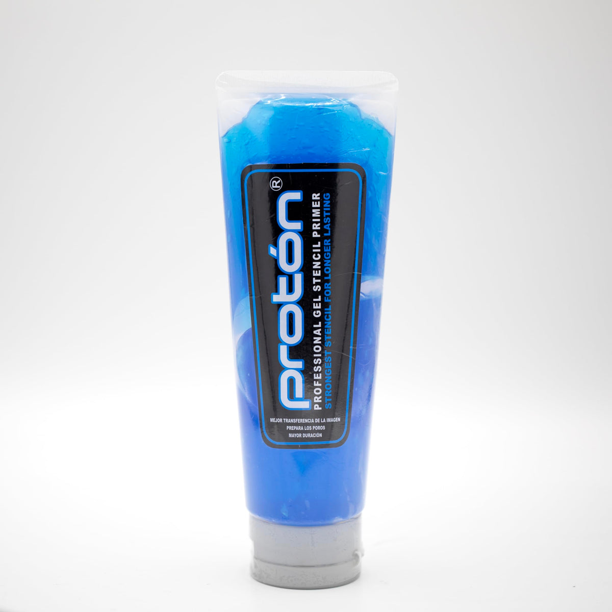 PROTON stencil primer blue gel bottle ready for long-lasting transfers.
