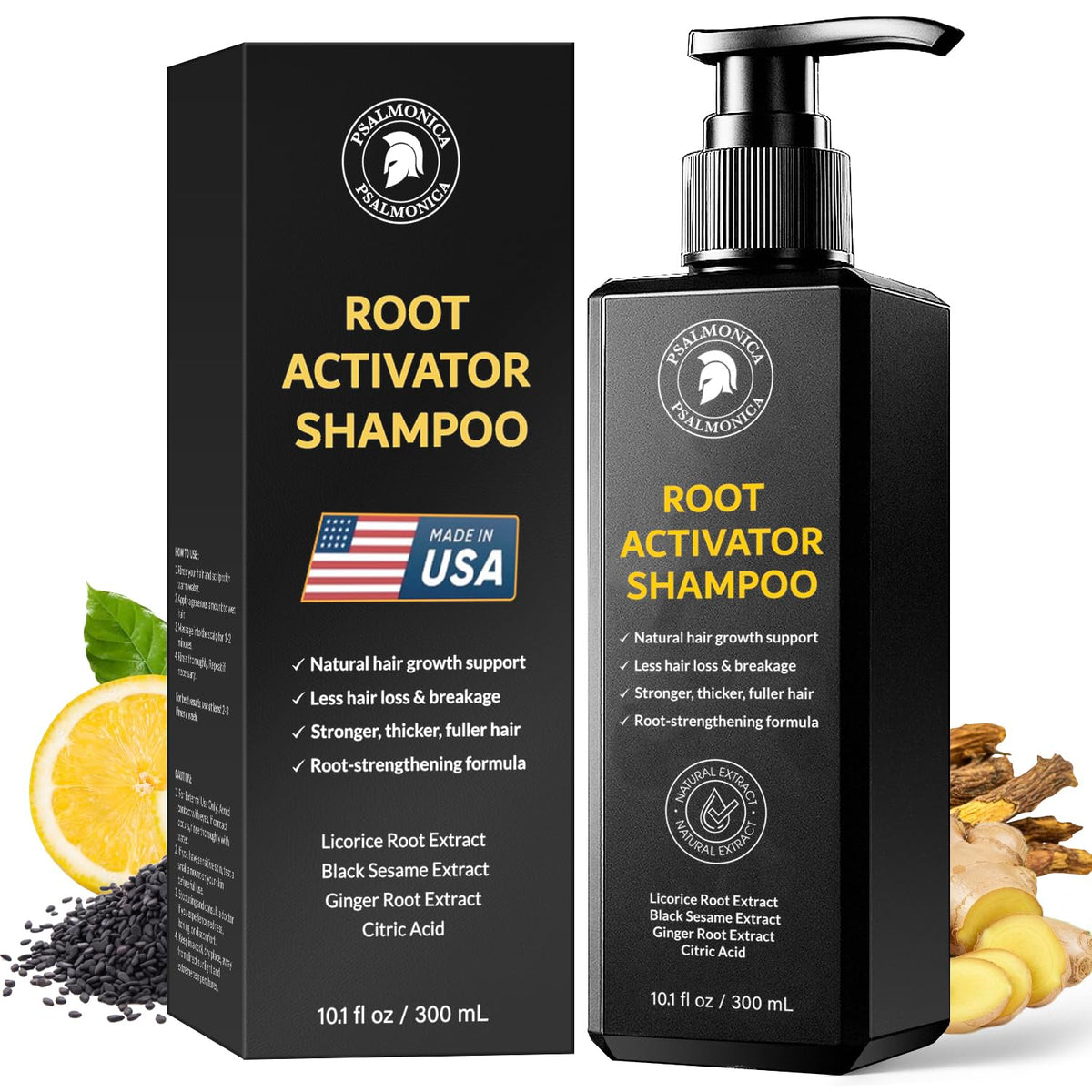 Psalmonica Root Activator Shampoo bottle with calming herbal formula for healthy scalp.