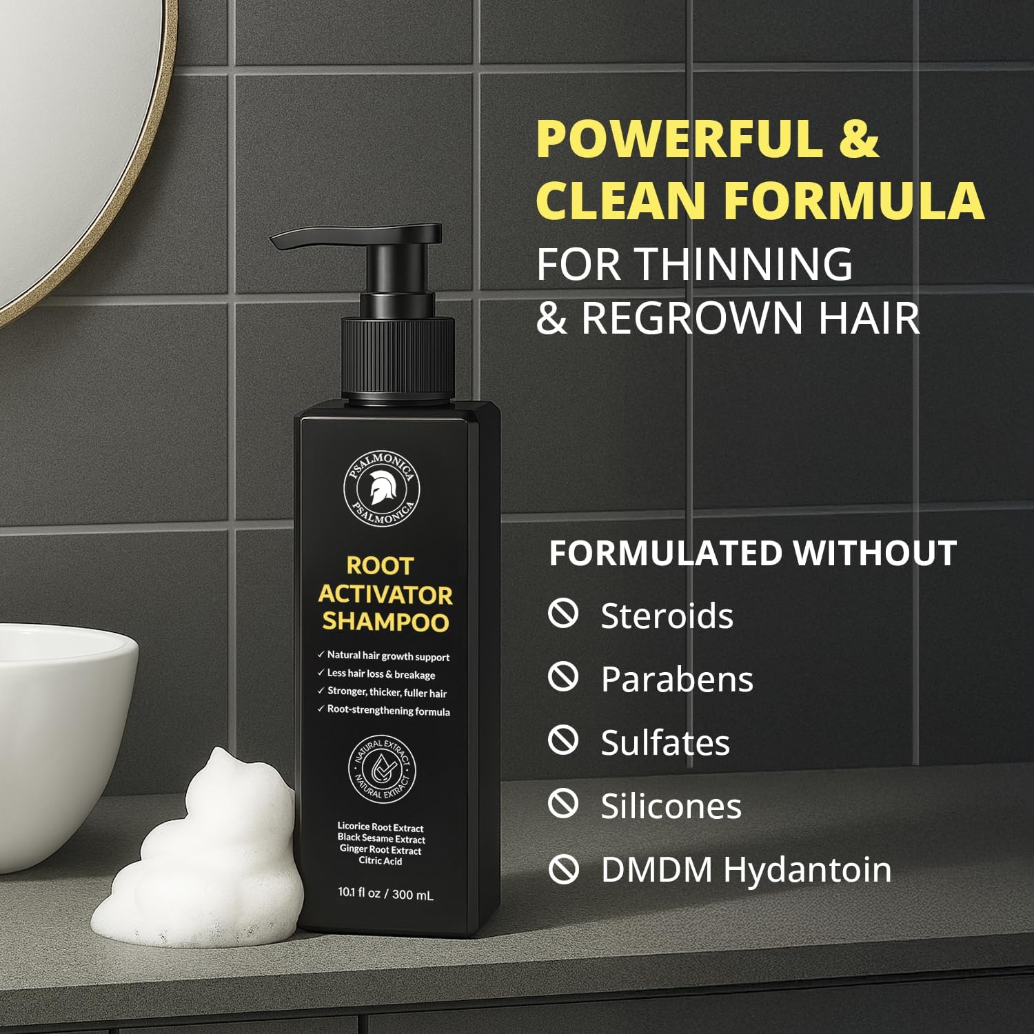 Psalmonica bottle displays rosemary oil hint for refreshing scalp care.