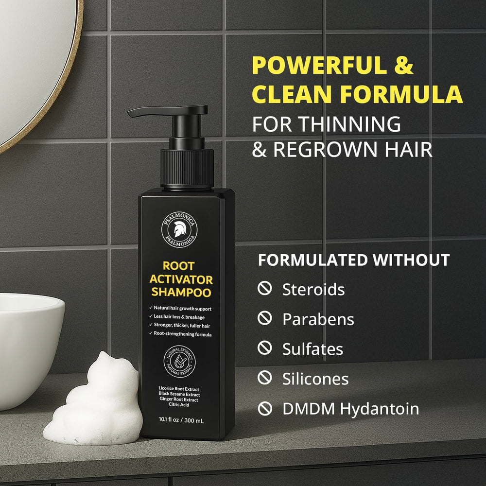 Psalmonica bottle displays rosemary oil hint for refreshing scalp care.