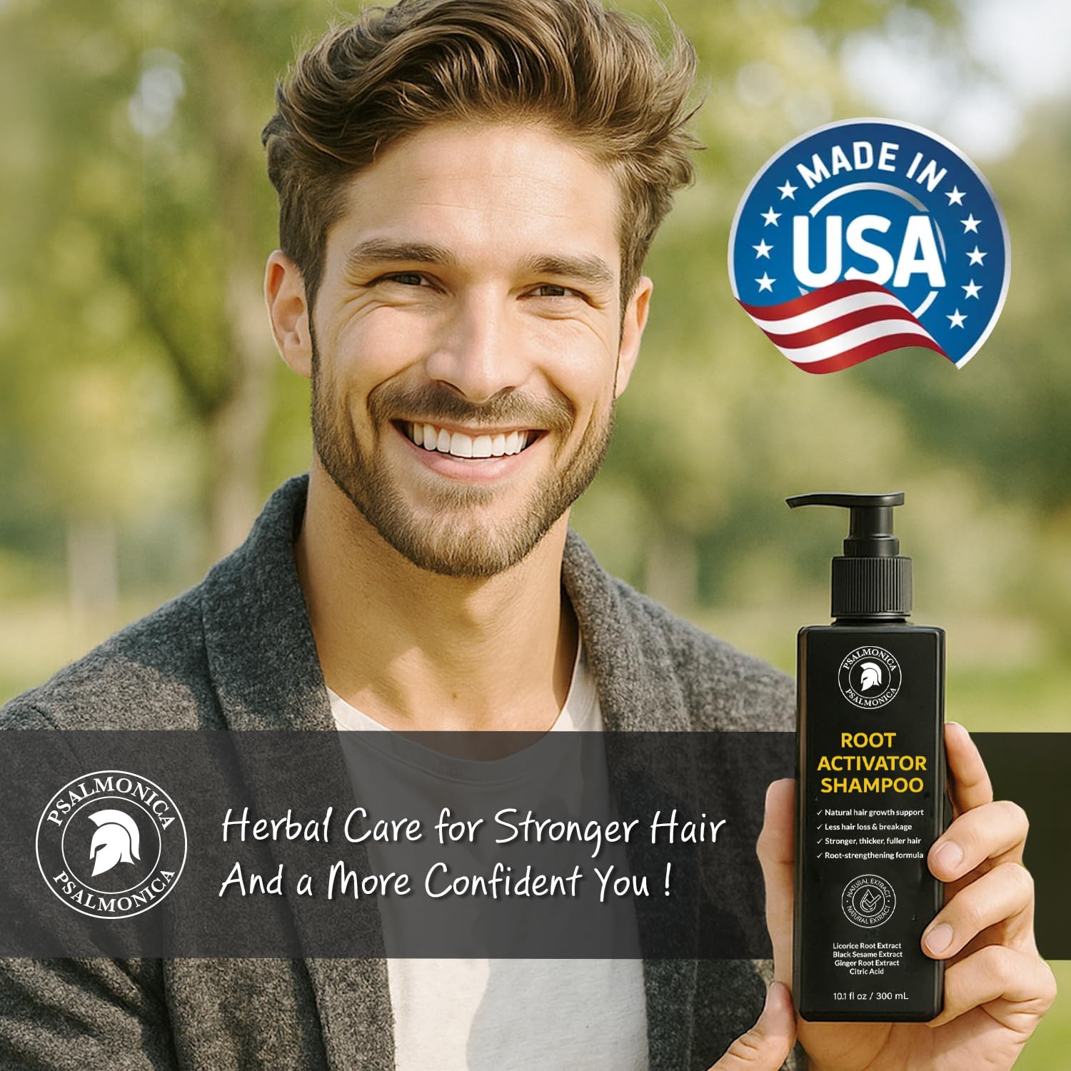 Psalmonica Root Activator bottle beside towel for daily scalp ritual.