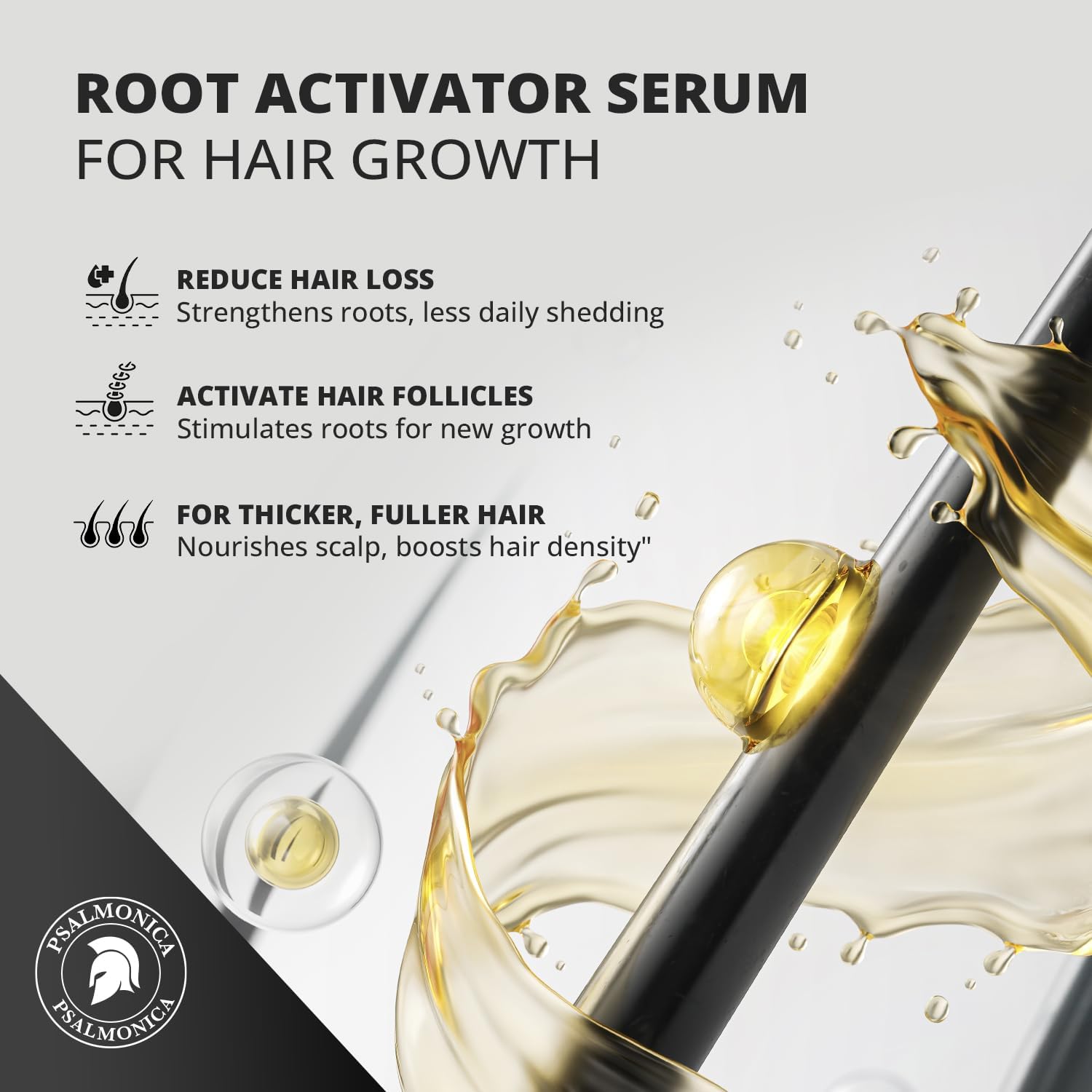 Psalmonica serum dropper applying serum to the scalp for precise dosing.