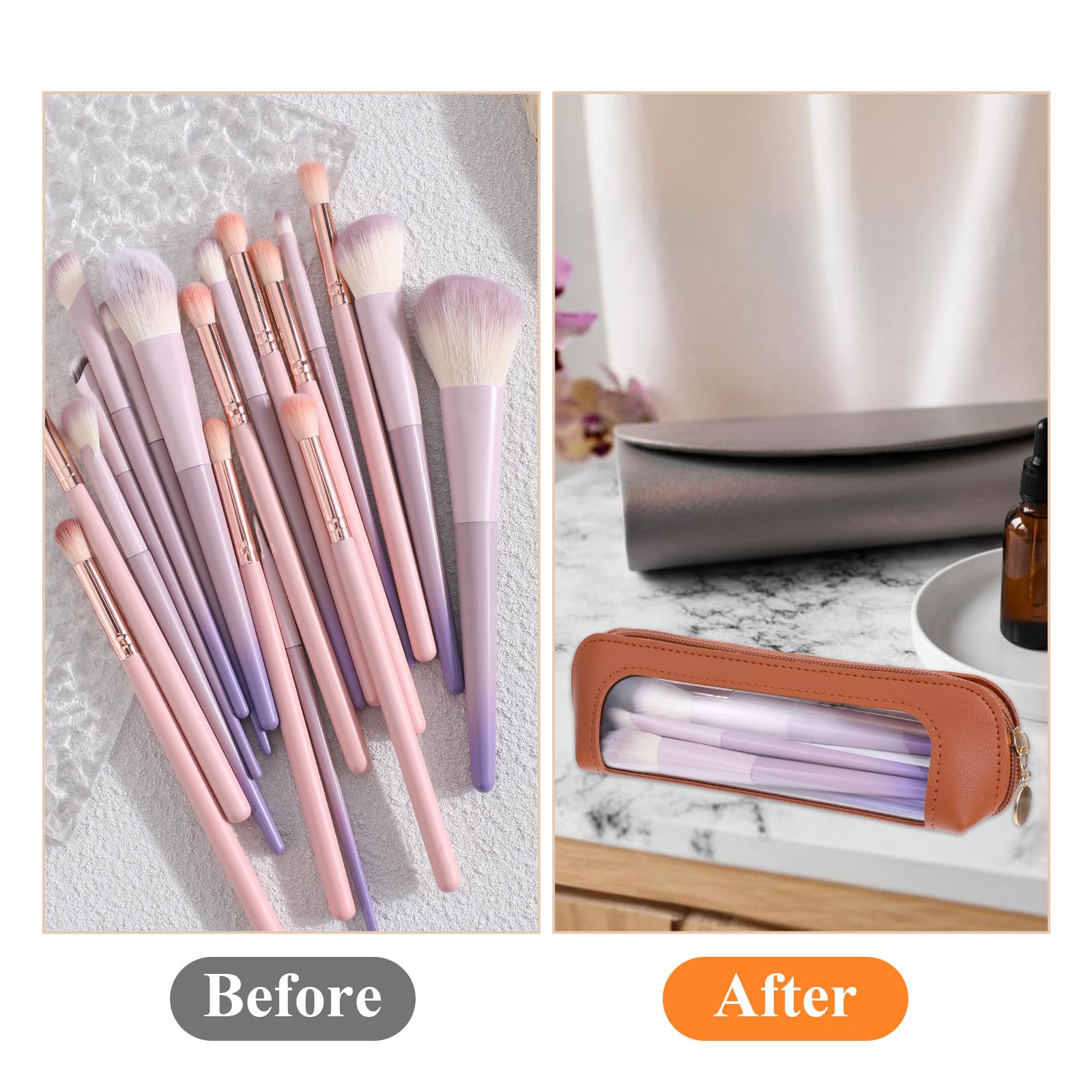 Psyqtsuary Clear Makeup Pouch brown side view for easy access.