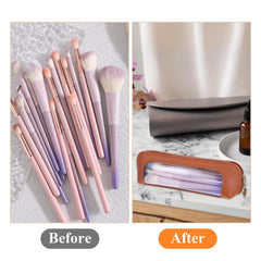 Psyqtsuary Clear Makeup Pouch brown side view for easy access.