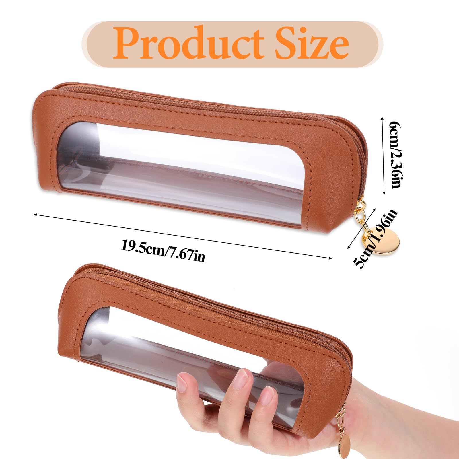 Psyqtsuary Clear Makeup Pouch brown zipper close-up for secure storage.