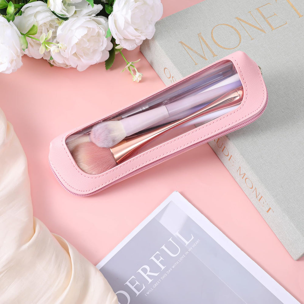 Psyqtsuary compact clear makeup pouch ideal for travel and quick checks.