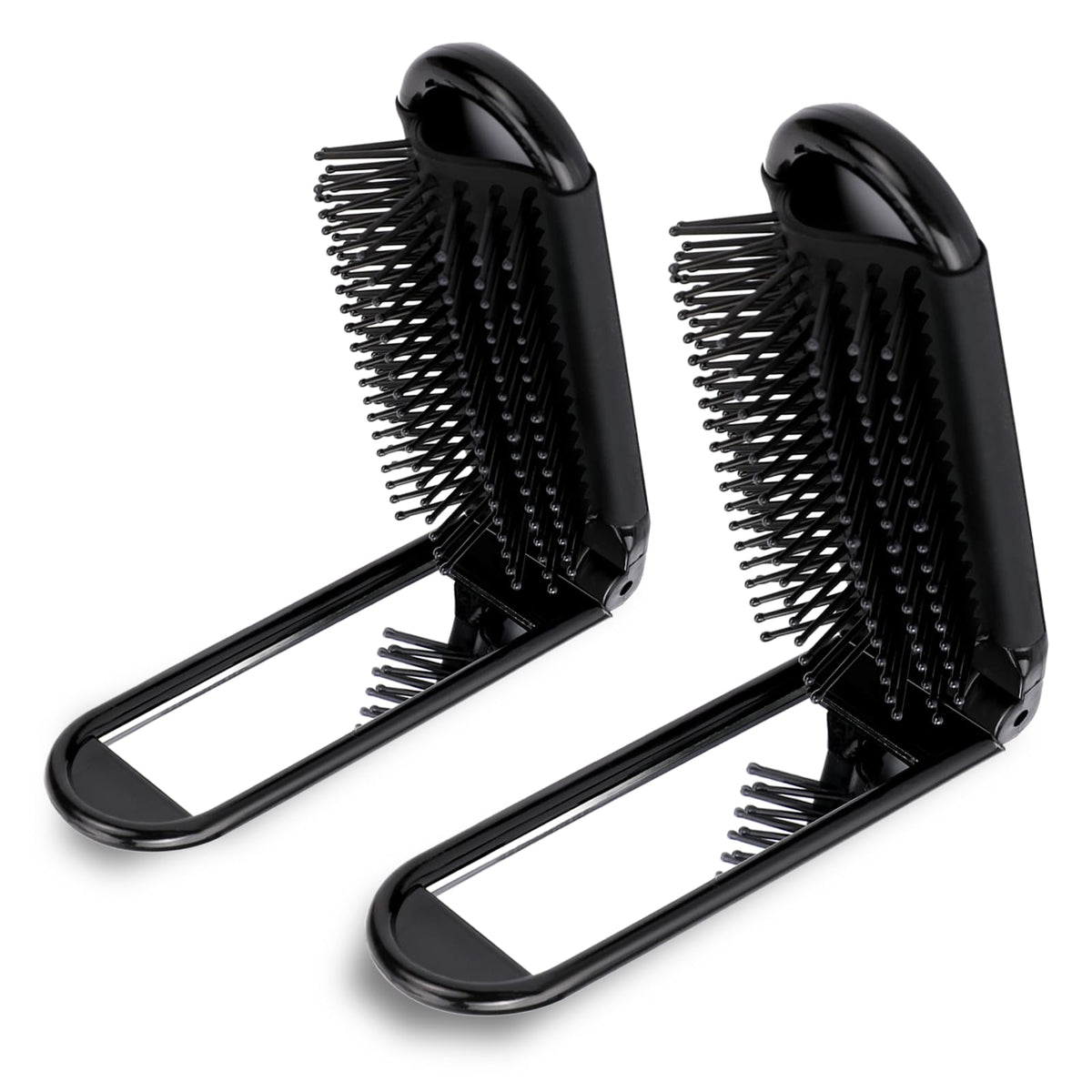 Psyqtsuary foldable hair brush with mirror for travel touch-ups.