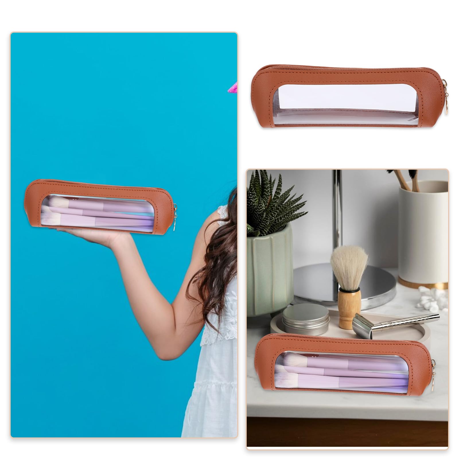 Psyqtsuary Makeup brush bag brown storage for cosmetics and small items.