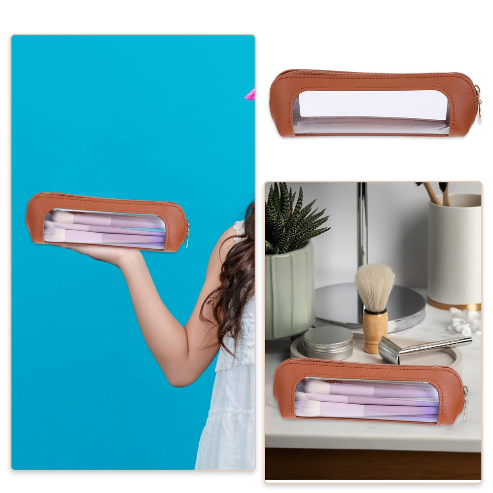 Psyqtsuary Makeup brush bag brown storage for cosmetics and small items.