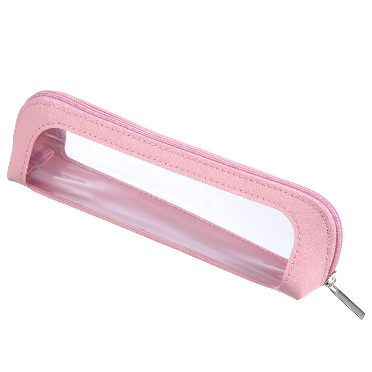 Psyqtsuary pink clear makeup bag showing transparent shell for easy cosmetics access.