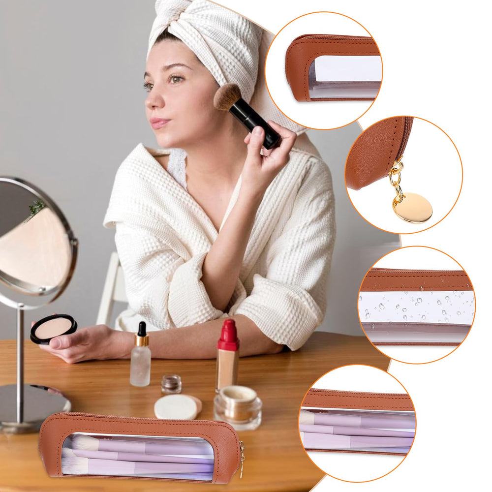 Psyqtsuary Travel makeup pouch brown compact storage in luggage.