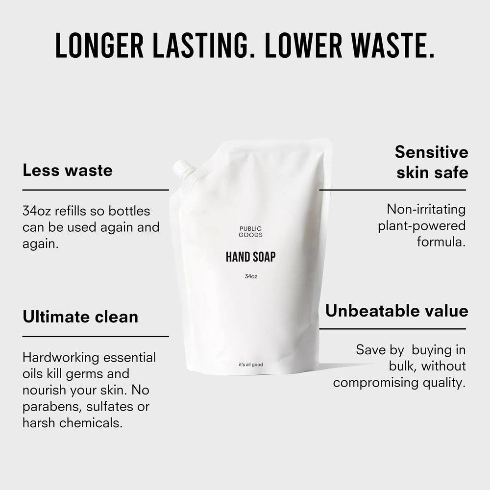 Public Goods Hand Soap refill 34 oz packaging promotes waste reduction.