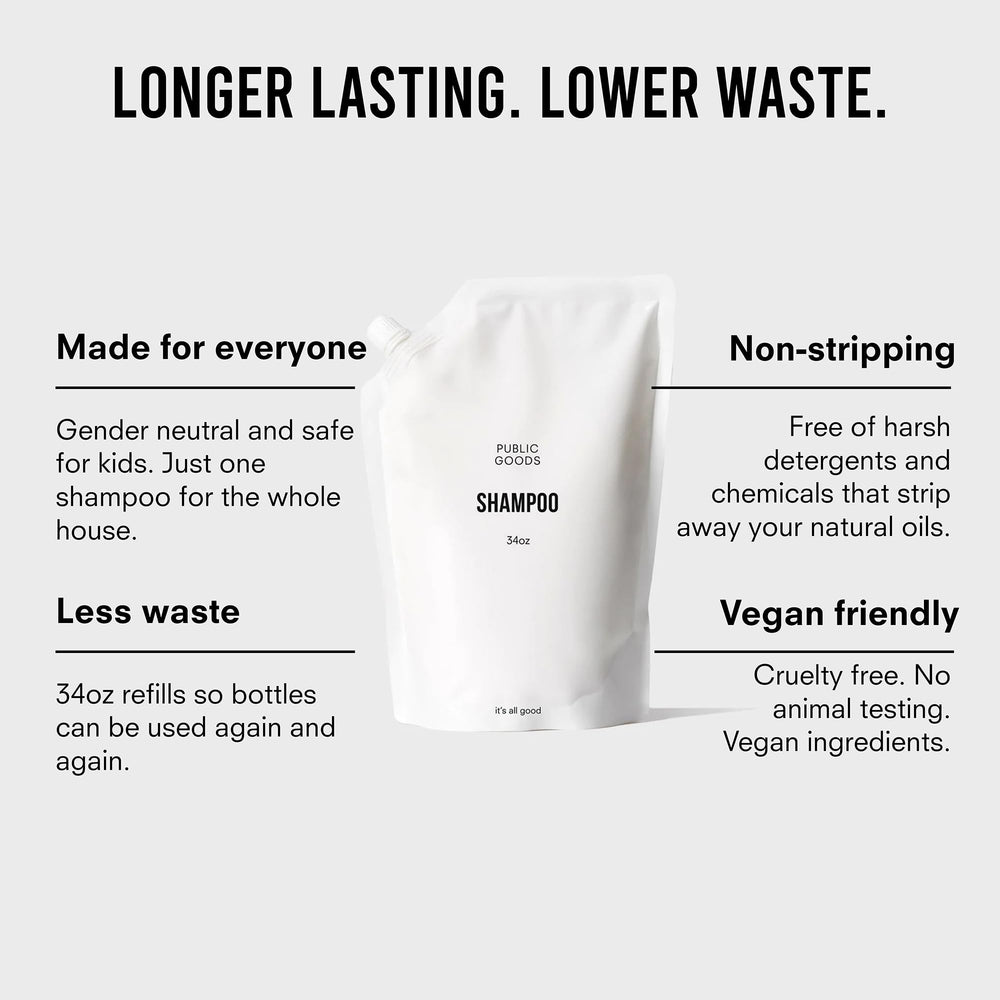 Public Goods Shampoo 34oz bottle reduces refill frequency and waste.