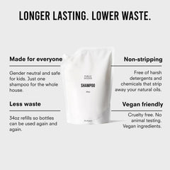 Public Goods Shampoo 34oz bottle reduces refill frequency and waste.