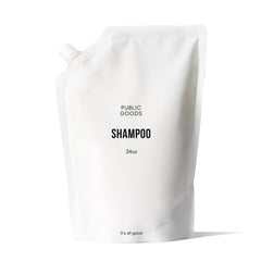 Public Goods Shampoo bottle with pour spout for easy, mess-free use.