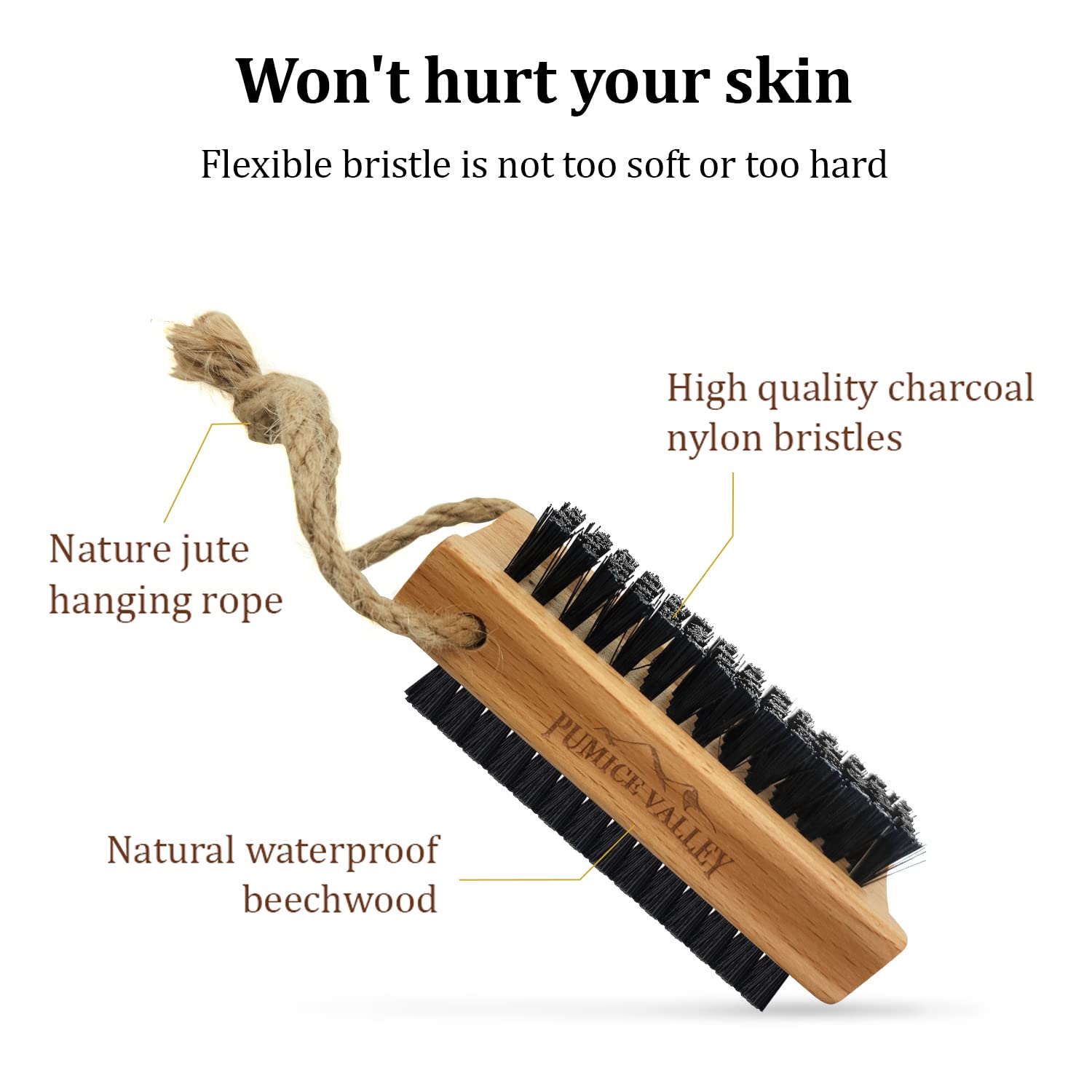Pumice Valley nylon charcoal bristles close-up for deep cleaning and odor control.