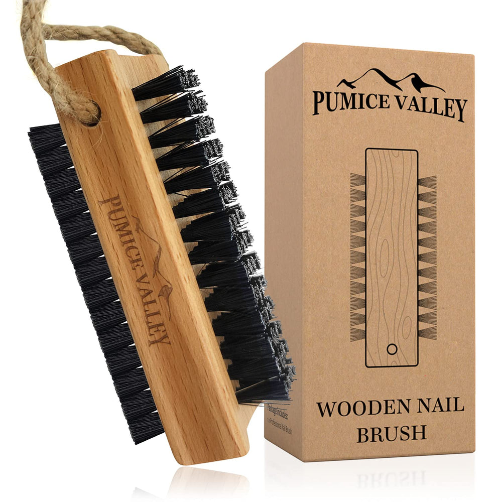 Pumice Valley wooden finger nail brush with beechwood handle for comfortable cleaning.