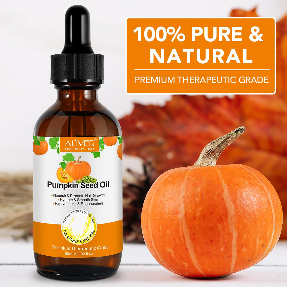 Close-up of Pumpkin Seed Oil bottle highlighting natural purity for everyday hair care.
