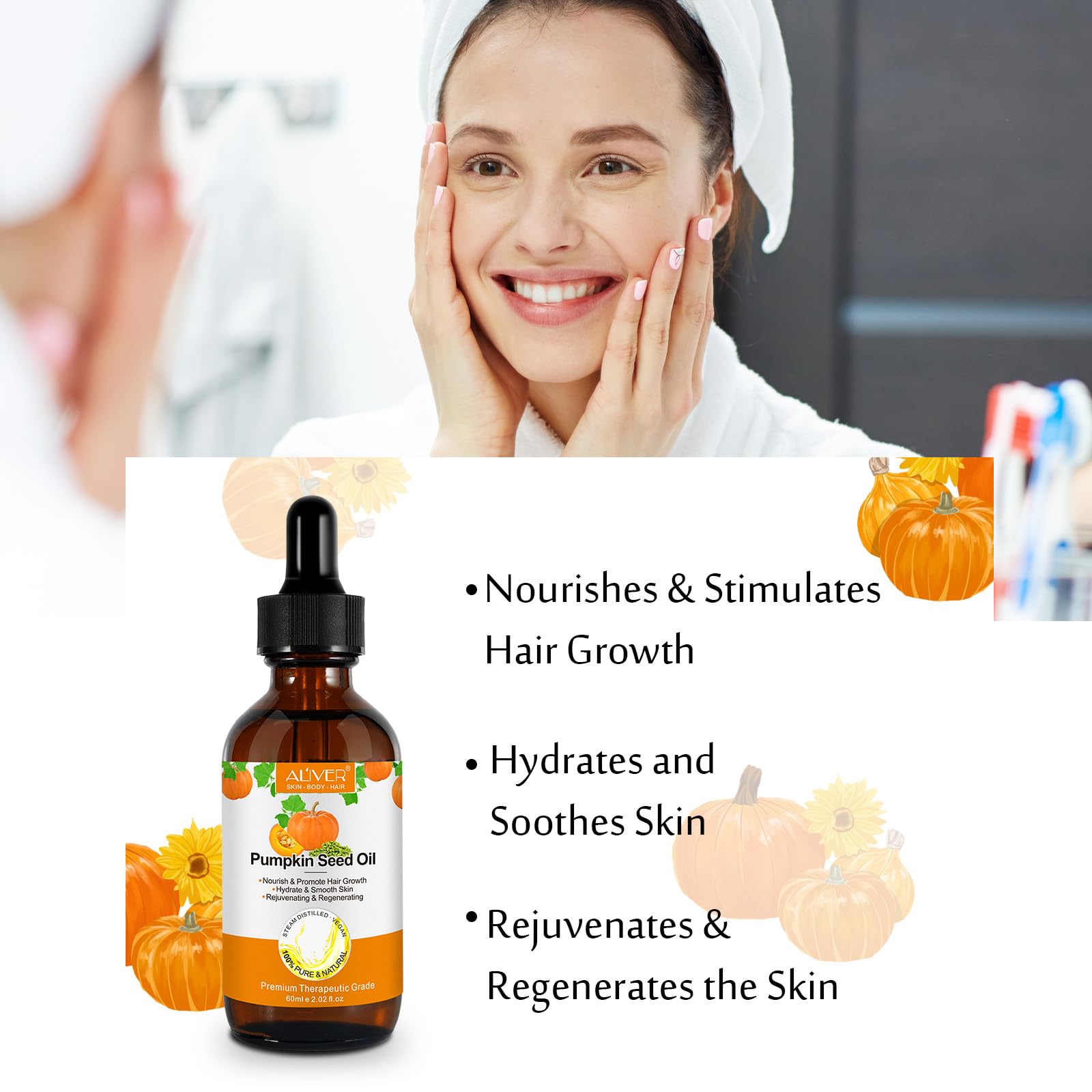 Pumpkin Seed Oil for hair care; nourishes dry, damaged strands with gentle conditioning.