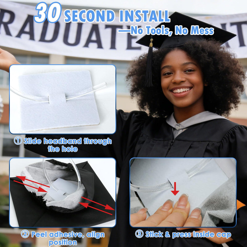 PUNCHMAN graduation headband helps keep hair neat under the cap.