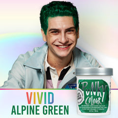 Punky Alpine Green dye jar highlights gentle formula for safe use