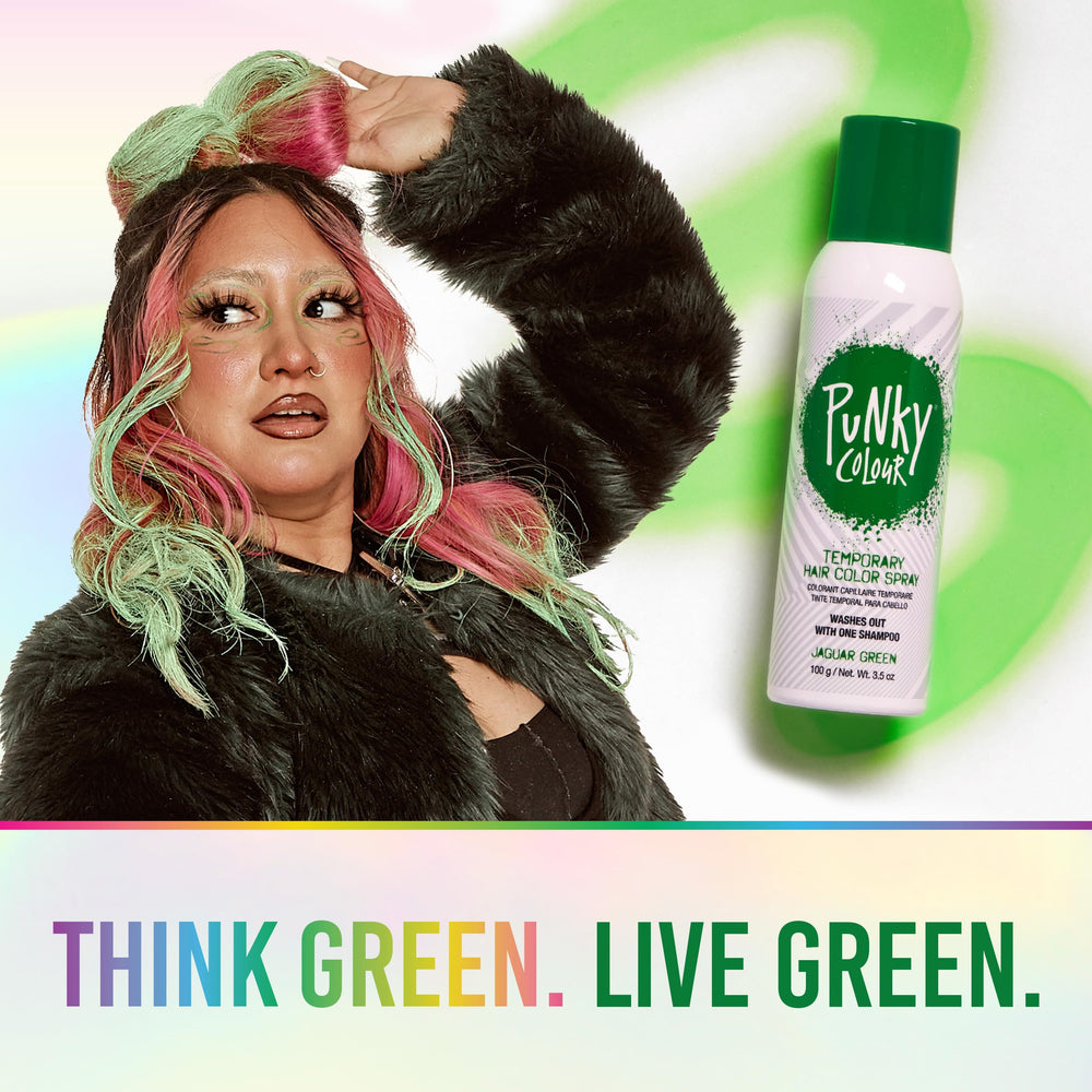 Punky Jaguar Green spray applied to hair for instant color.