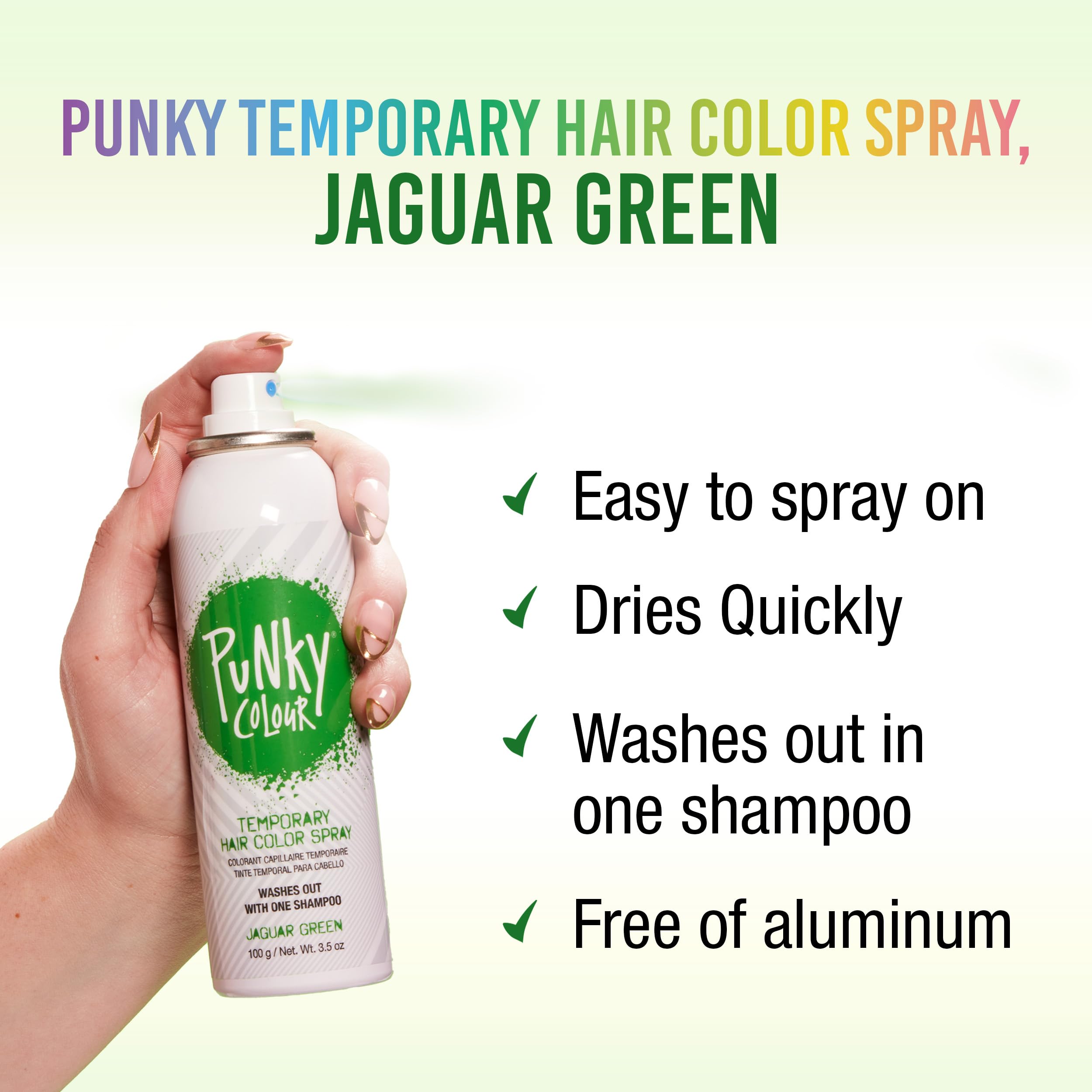 Punky Jaguar Green spray creates dramatic highlights with quick-dry finish.