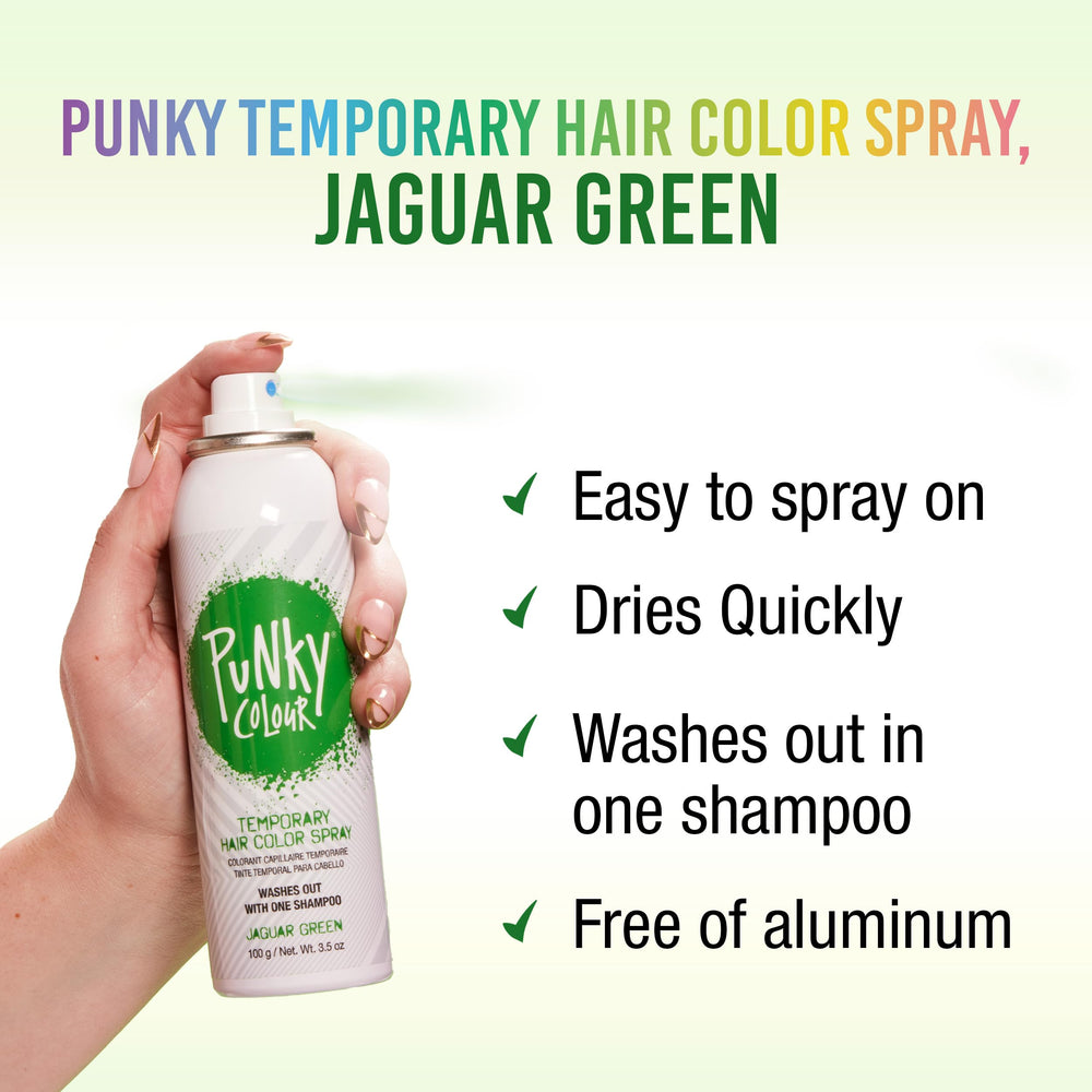 Punky Jaguar Green spray creates dramatic highlights with quick-dry finish.
