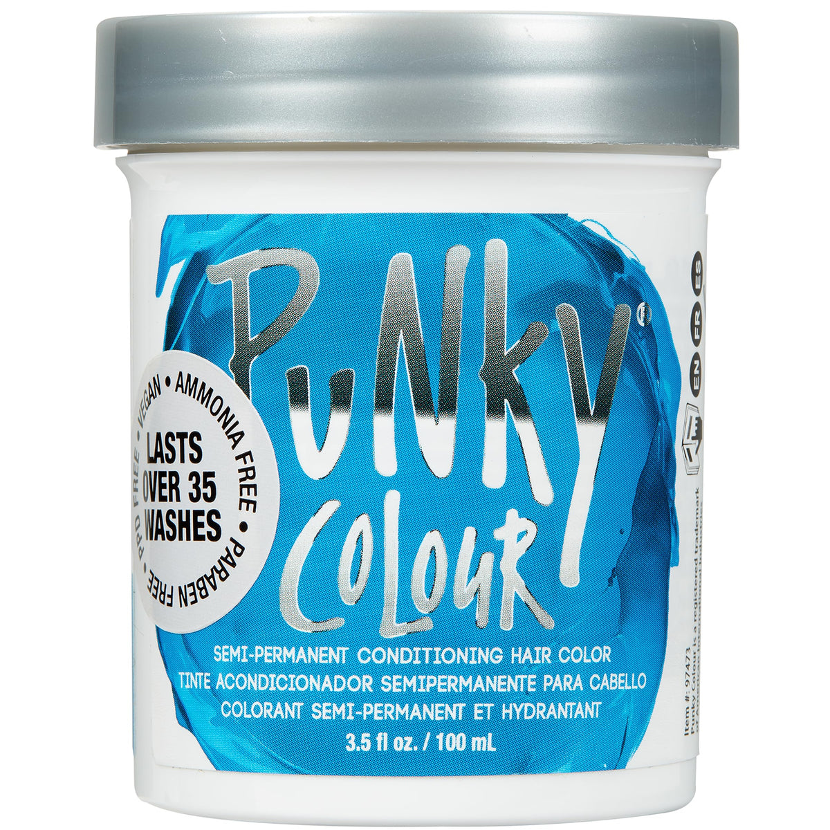 Punky Lagoon Blue bottle close-up showing vibrant color and conditioning formula.