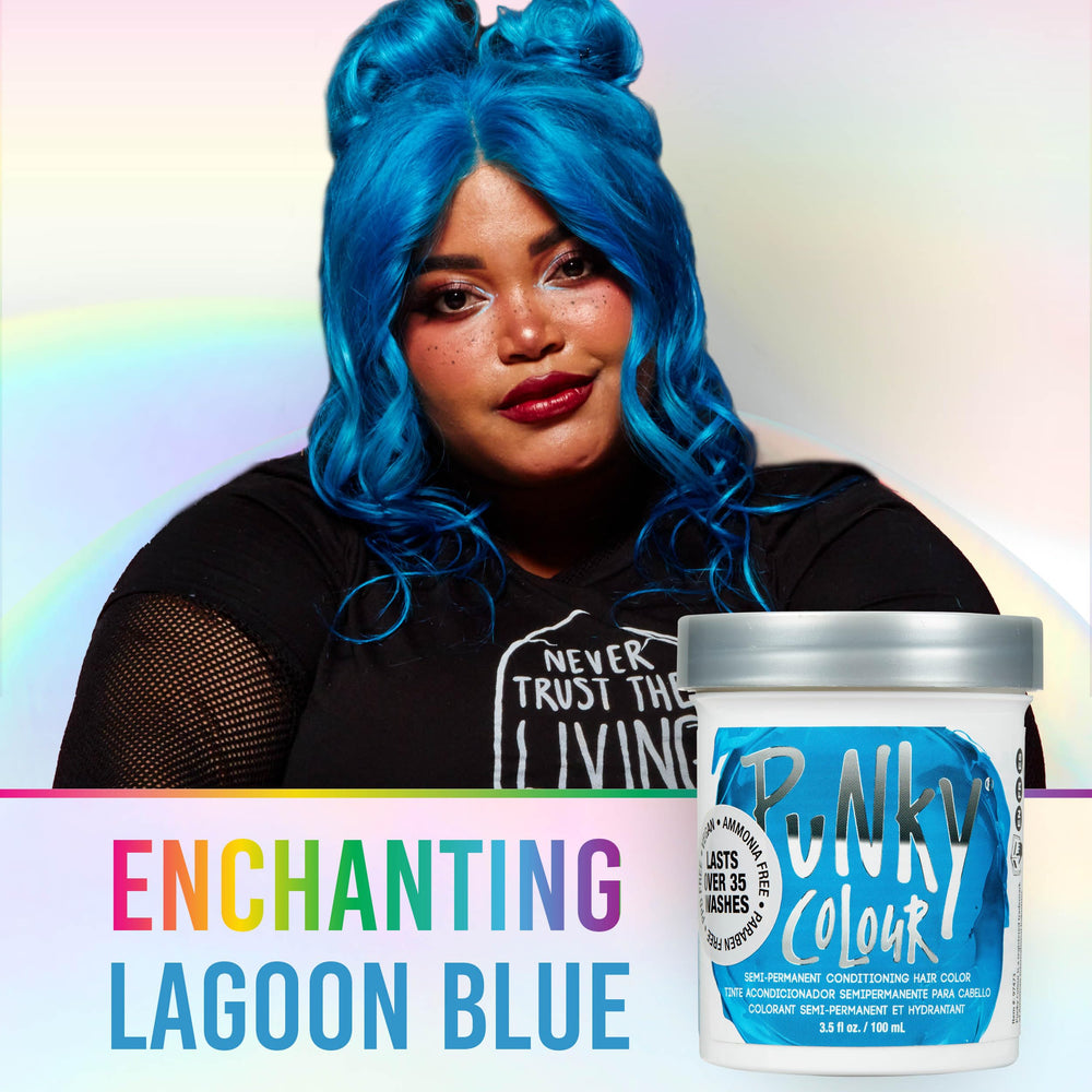 Punky Lagoon Blue hair strand detail highlights glossy semi-permanent color.