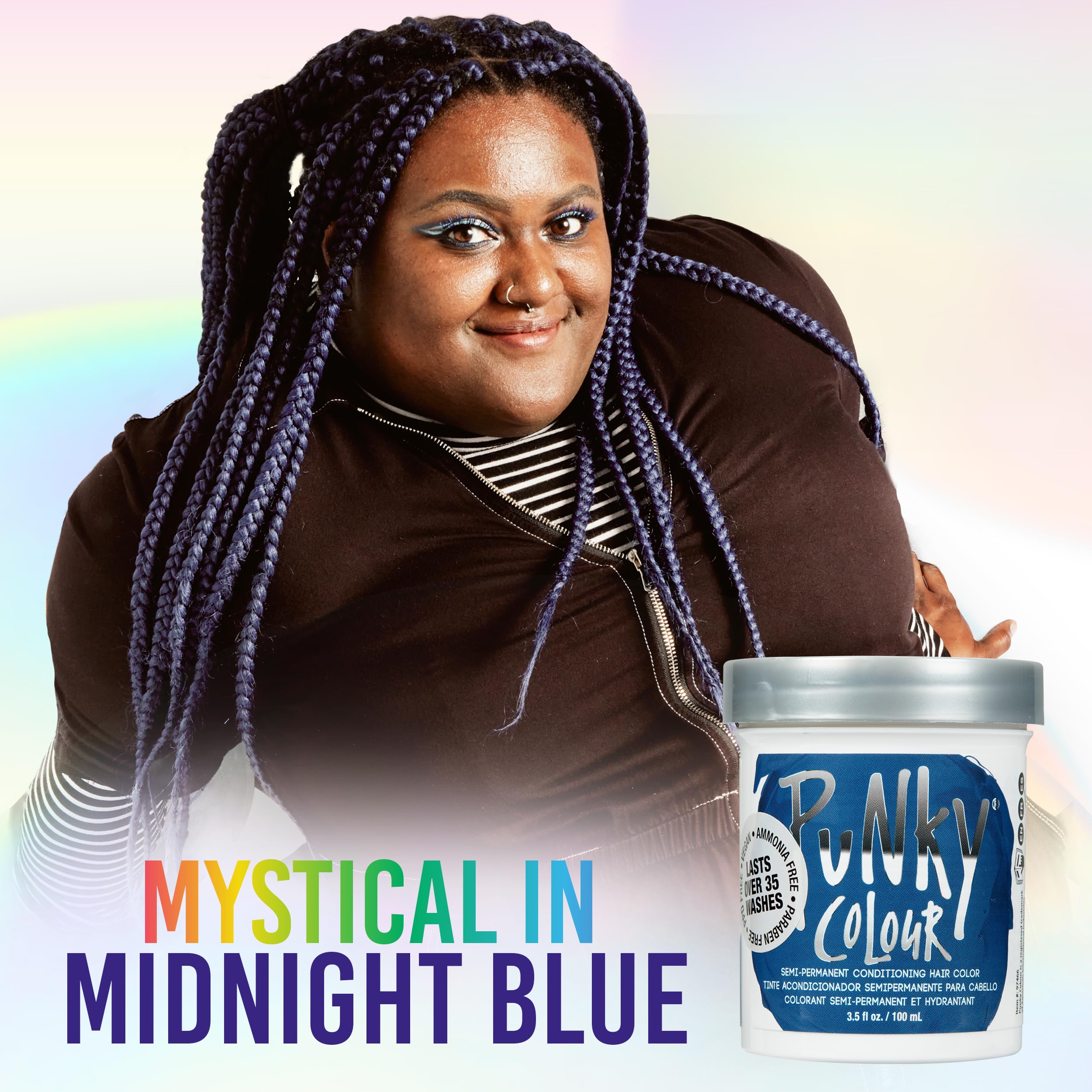 Punky Midnight Blue on hair delivers vibrant color with conditioning shine.