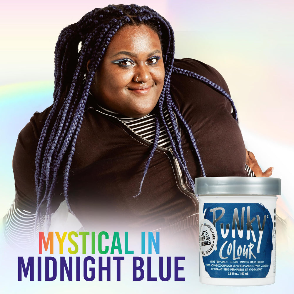 Punky Midnight Blue on hair delivers vibrant color with conditioning shine.