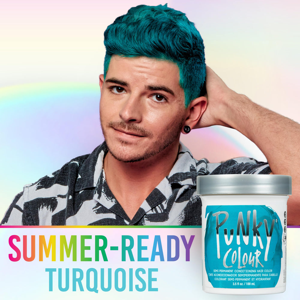 Punky Turquoise before-after hair demonstrates bold, fade-safe color options
