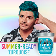 Punky Turquoise before-after hair demonstrates bold, fade-safe color options