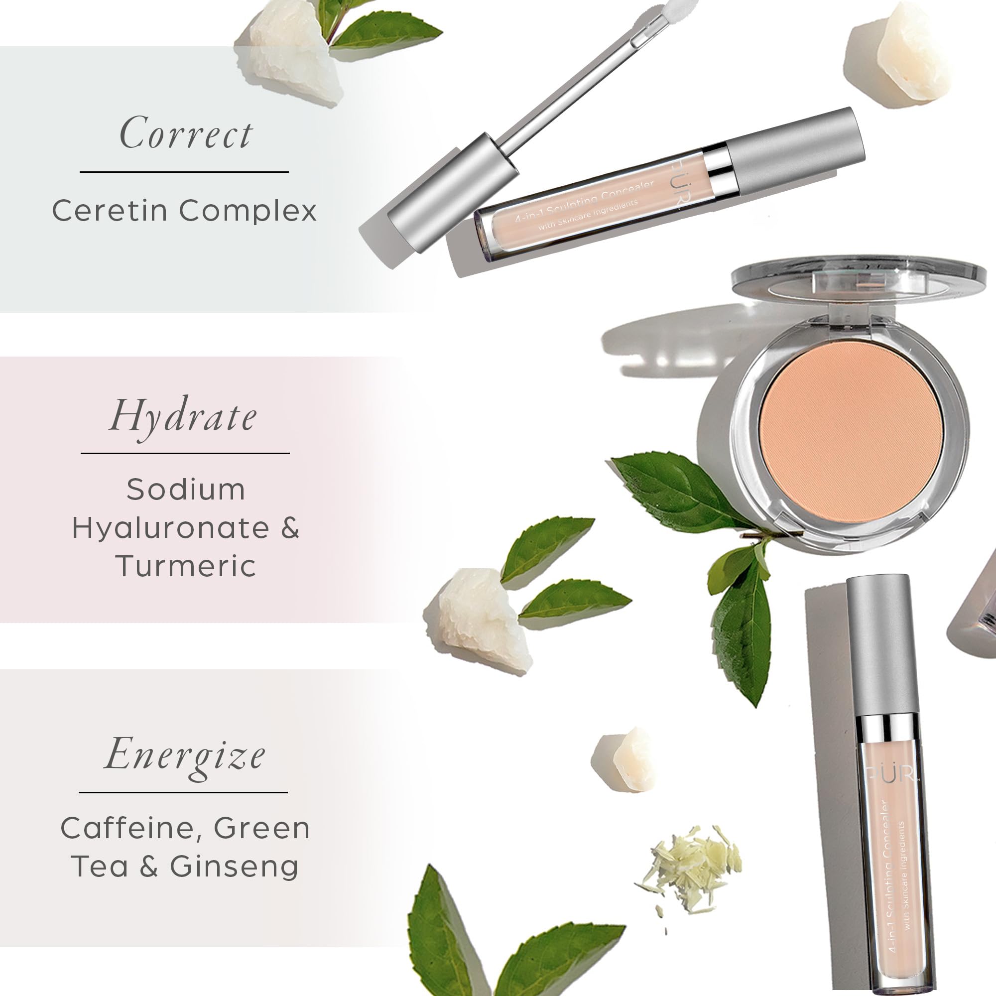 Texture close-up of PÜR MINERALS 4-in-1 Sculpting Concealer blending seamlessly on skin.