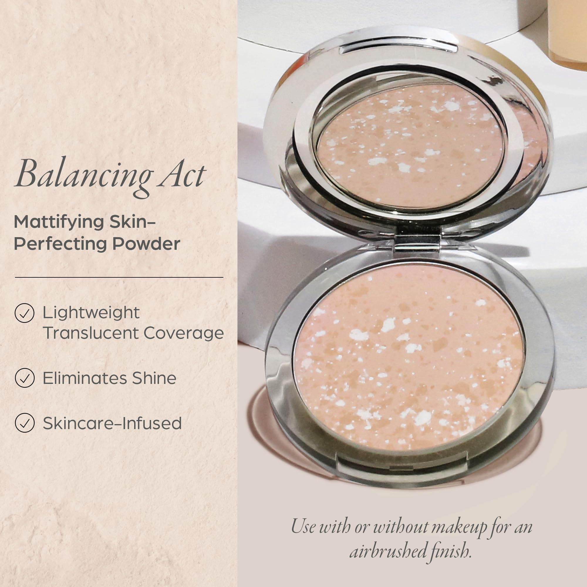Close-up of Balancing Act compact showing a seamless, matte finish.