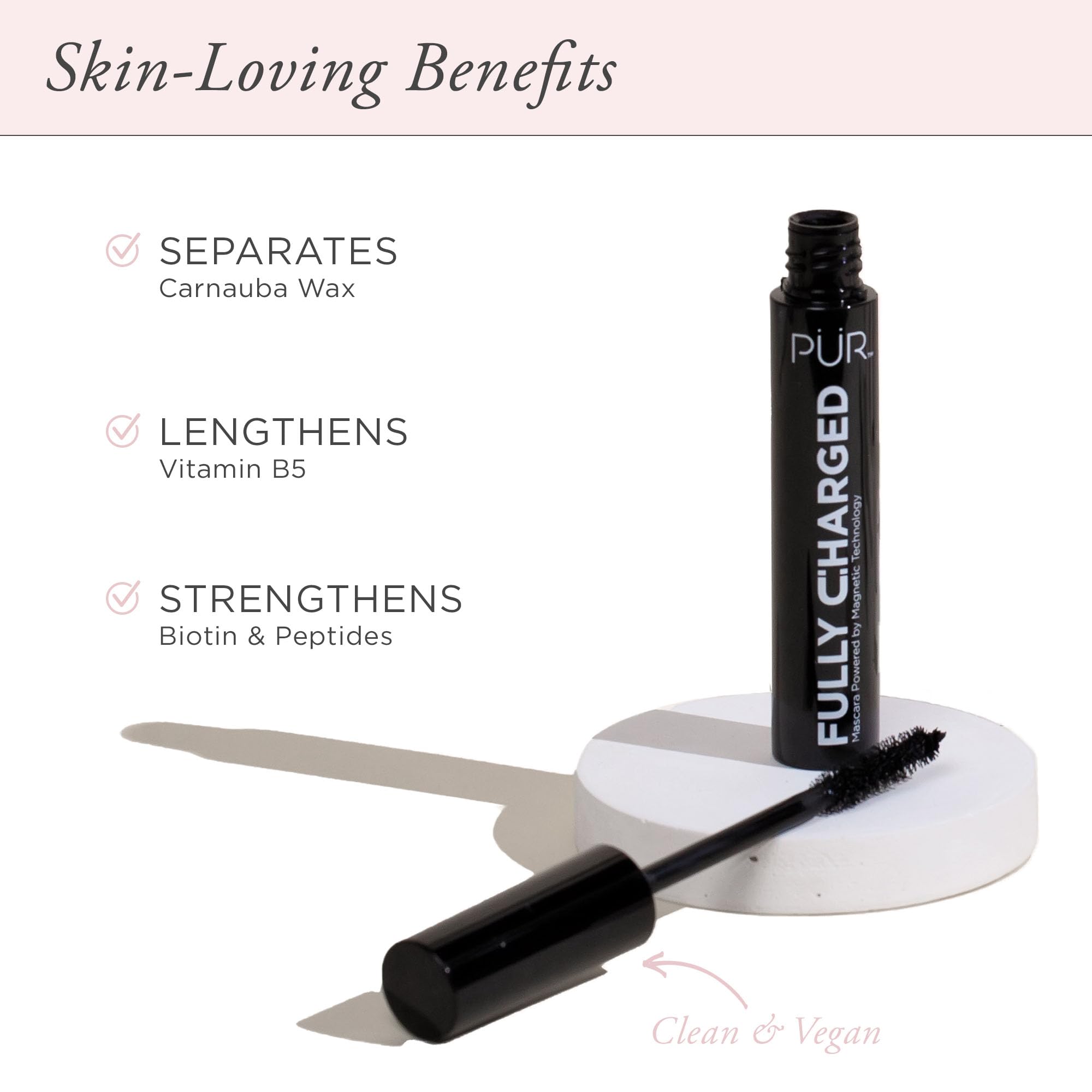 PÜR MINERALS Fully Charged Mascara lash-application close-up highlights defined, volumized lashes.