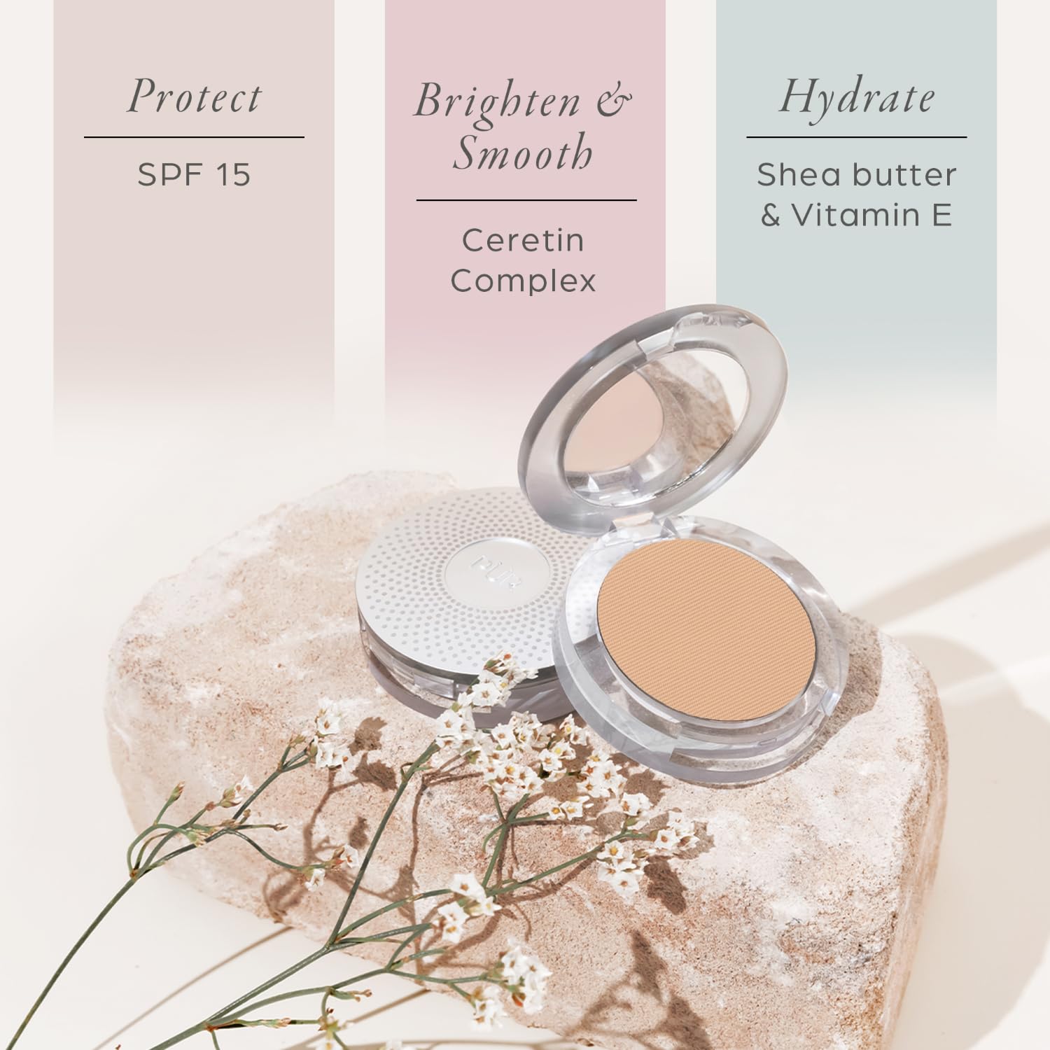Ceretin Complex ingredients close-up emphasizes skincare-infused makeup concept.