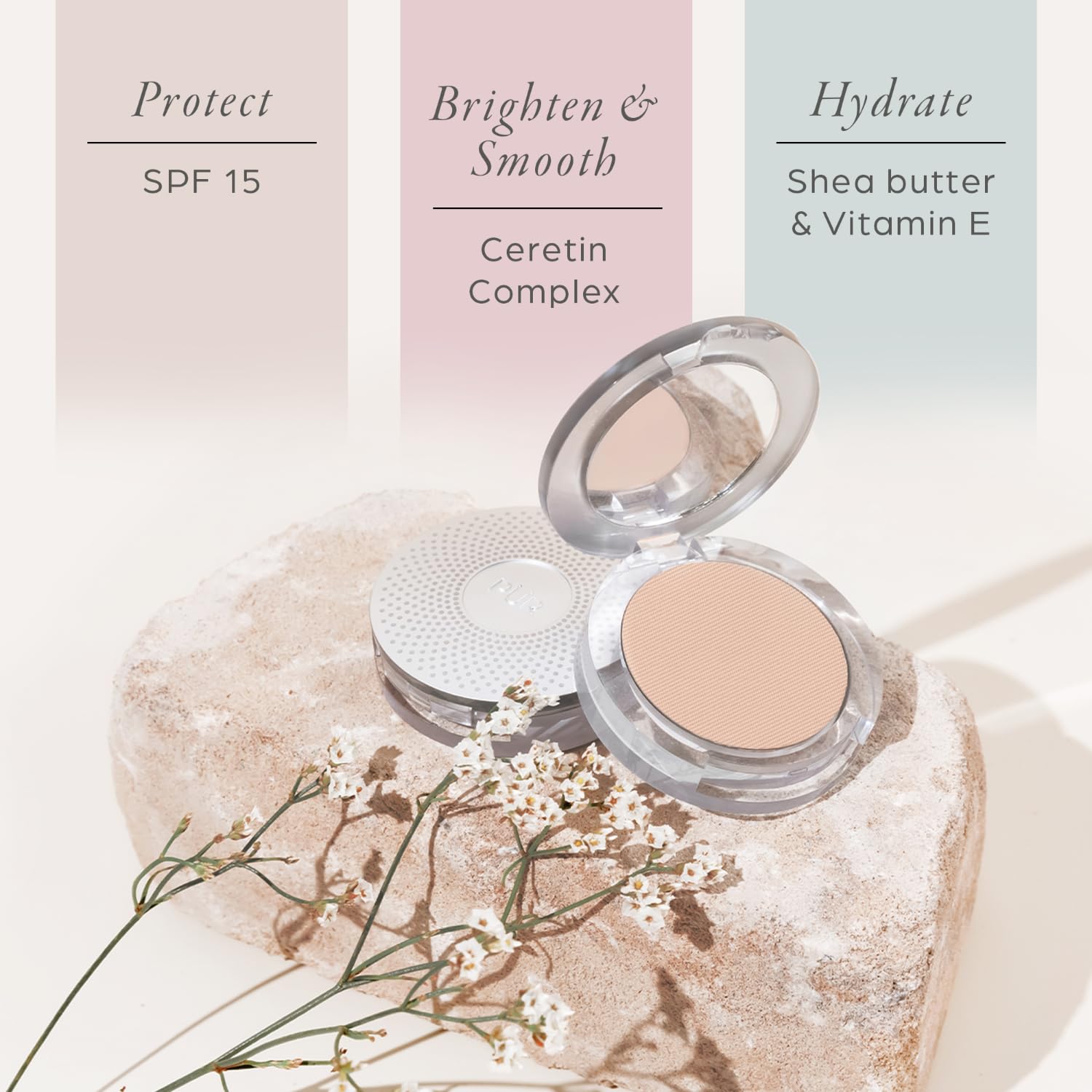 PÜR MINERALS SPF 15 compact Ivory open, daily protection base.